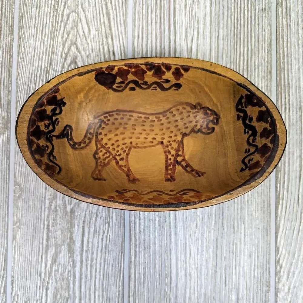 Old Vintage Large Heavy African Mahogany Wood Bowl with Tiger Hand Carved 8”
